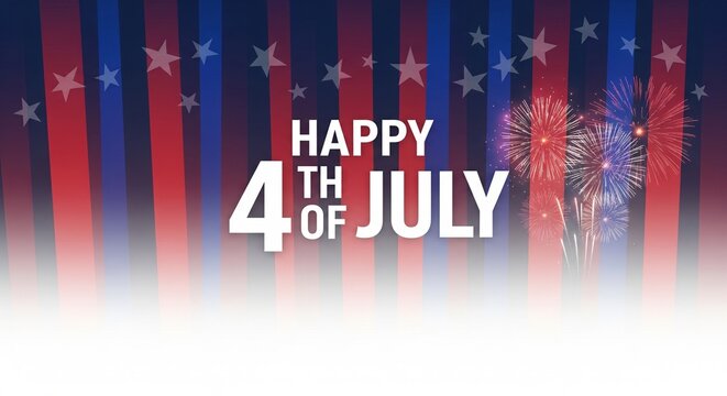 Happy Fourth of July celebration graphic with fireworks and stars on a red and blue striped background, patriotic holiday theme