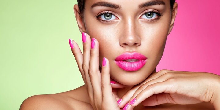Glamorous woman with vibrant pink lips and matching nails against a split background