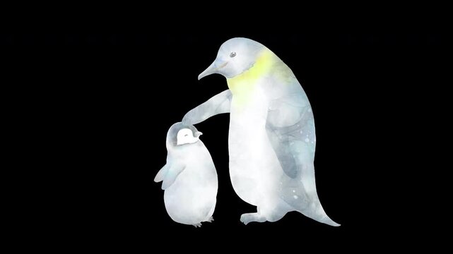 ほめる、手をつなぐ、抱きしめるといったペンギン親子の心温まるやり取りのバリエーションセット。子供の成長物語を表現した&alpha;付きアニメーション。
