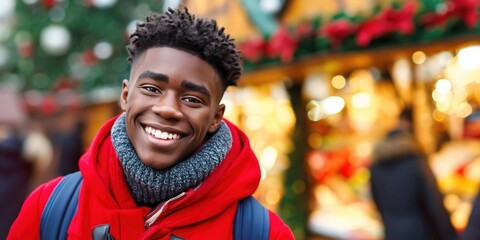 Fototapeta premium Young Black teenage boy with bright smile wearing a red coat at a Christmas market