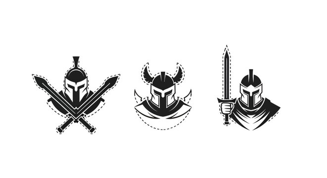 Three Unique Warrior Emblem Designs with Swords and Helmets.