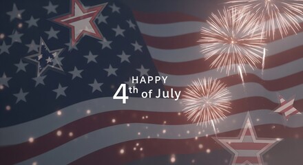 Obraz premium Happy 4th of July celebration with American flag and fireworks display, patriotic holiday graphic design with stars and bokeh lights, festive national event background