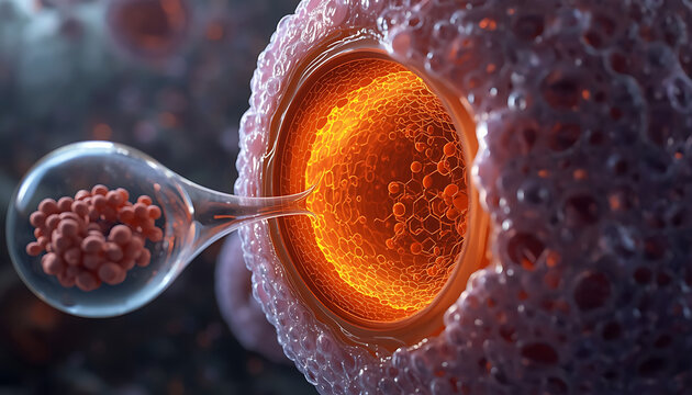 Advanced 3D rendering of an ovum receiving genetic material, illustrating in vitro fertilization or cellular engineering for reproductive science