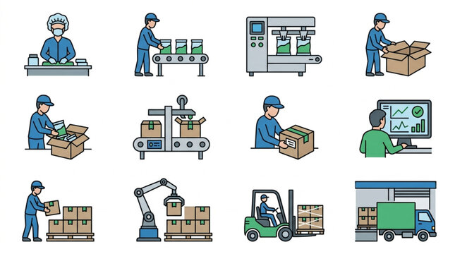 Industrial factory workers and machinery in a production line setting.