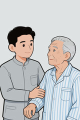 Obraz premium A young caregiver accompanying an elderly patient in hospital gown