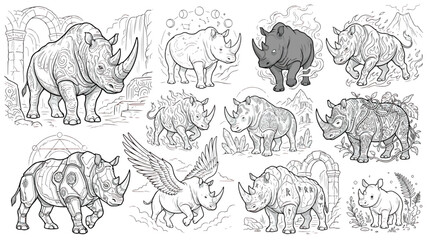 Fantasy rhinoceros coloring page set, mythical rhino character illustrations with wings and armor, 11 rhinoceros vector line art icons for kids © chouadhrynuman