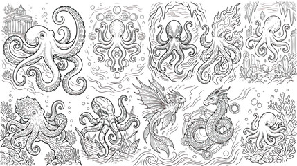 Mythical octopus and sea monster coloring page set, hand drawn kraken and dragon line art, 10 underwater creature vector illustrations for kids © chouadhrynuman