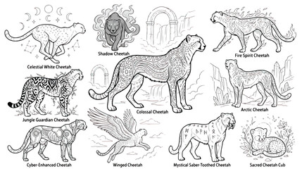 Mystical cheetah fantasy creatures collection, set of 10 celestial and elemental big cat illustrations, mythical feline line art vector for coloring © chouadhrynuman