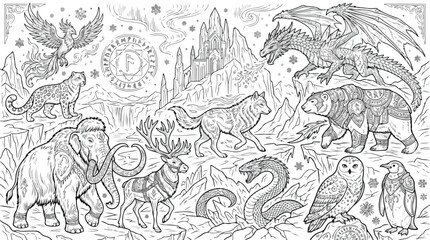Mythical fantasy creatures coloring page vector, winter wonderland landscape with dragon and phoenix, arctic animals and magical beasts line art © chouadhrynuman