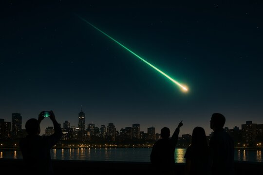A green meteor streaks over a night city skyline as silhouetted watchers point and take photos by the water. Concept of cosmic awe and shared stargazing. For event poster