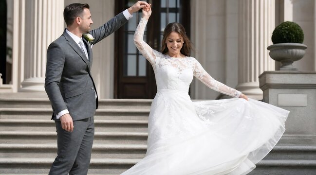 Bride in lace dress twirling with groom on stairs of classic building