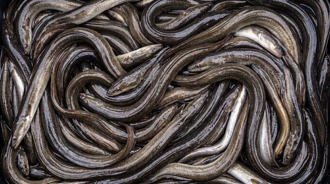 A tightly packed pile of fresh live eels with dark brown and grey bodies glistening with moisture