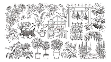 Obraz premium Vintage garden line art collection, hand drawn botanical greenhouse and gardening tools vector set, rustic floral landscape elements for coloring book