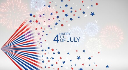 Obraz premium Happy 4th of July greeting with American flag inspired stripes, scattered stars, and festive fireworks exploding in a bright, celebratory display against a clean, light background.
