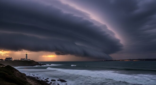 Dark storm clouds rolling over a lighthouse and rocky coastline