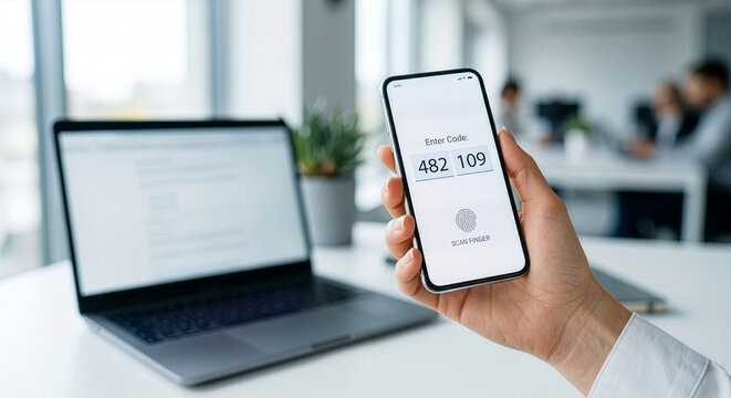 二段階認証や指紋認証を表示するスマートフォンを持つ手と、明るいオフィス背景のビジネスコンセプト素材