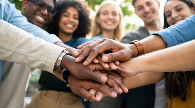 Diverse Team Joining Hands in Unity and Support Outdoors