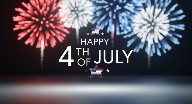 Happy 4th of July text with red white and blue fireworks exploding in the night sky over a reflective surface, patriotic celebration concept