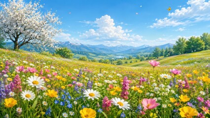 Fototapeta premium Wildflower meadow blooming with distant mountains and blossom tree