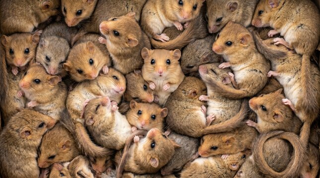 A tightly packed pile of small furry dormice with light brown and tan fur and dark eyes nestled together