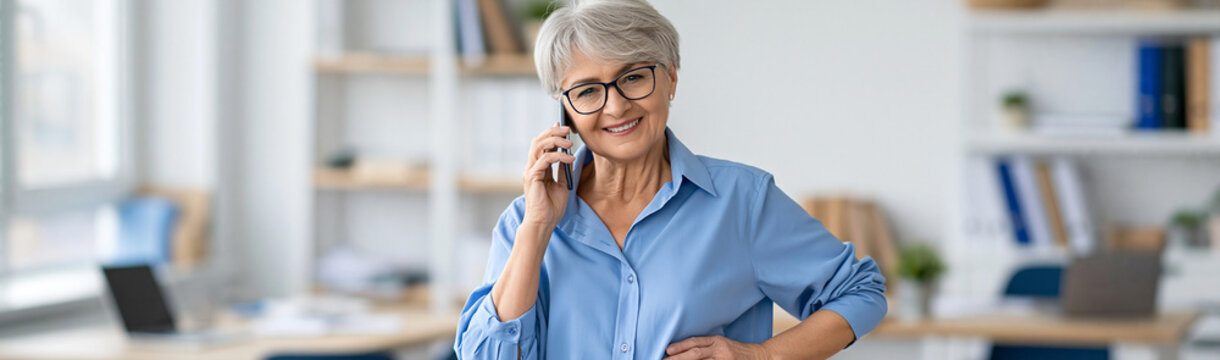 Senior Woman on Phone in Office: A sophisticated senior woman with glasses and a blue shirt is smiling while talking on her smartphone, standing confidently in a modern office environment.