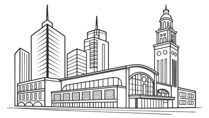 Fototapeta premium Vector illustration of cityscape with tall office buildings and clock tower architecture building business