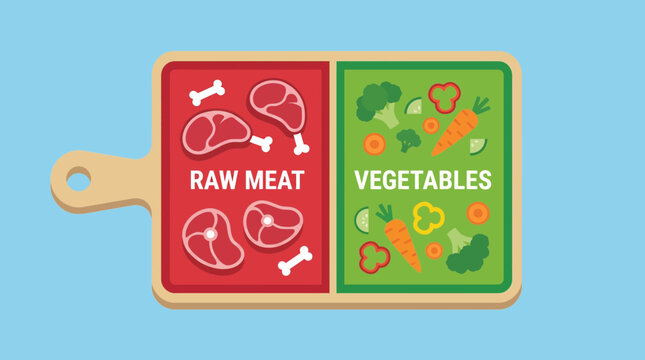 Raw Meat Separated from Vegetables on Color Coded Cutting Board