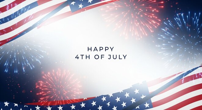 American flag waving with red and blue fireworks exploding in the night sky, celebrating Independence Day with patriotic holiday theme and festive atmosphere, digital illustration