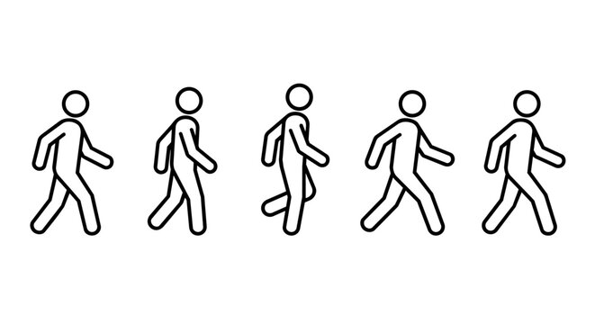 Stick figure walking cycle line art vector icon set. People walking animation frames, human motion, and step by step movement concept.