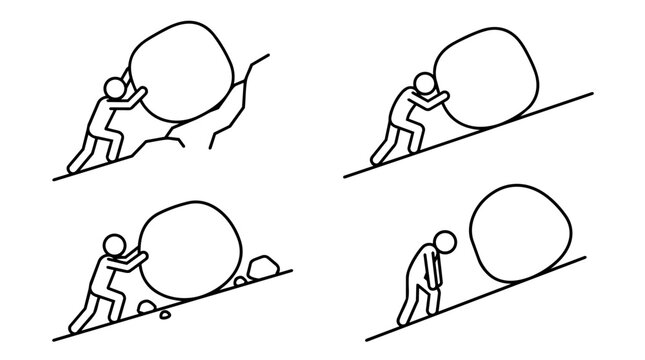 Sisyphus myth stick figure pushing big boulder uphill line art vector icon set. Never ending challenge, hard work, struggle, and perseverance concept.