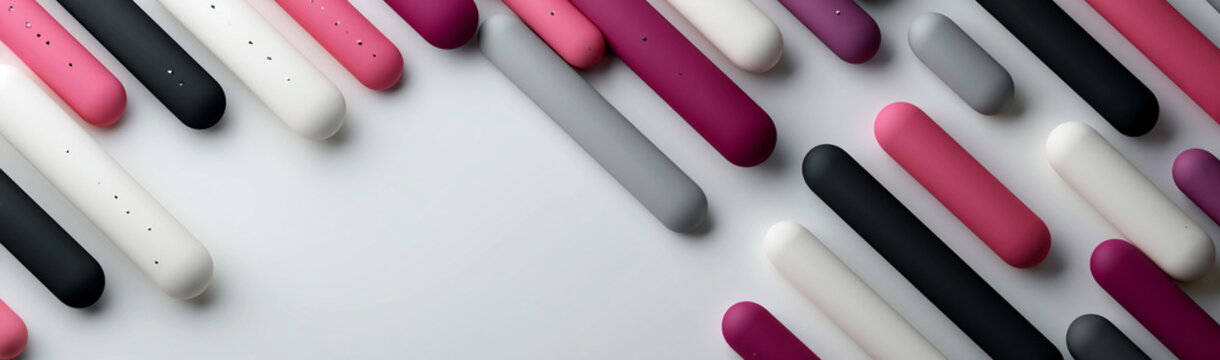 Assorted Color Rods: A diagonal arrangement of elongated, rounded rods in shades of pink, white, black, and grey creates a visually pleasing abstract pattern, evoking a sense of order and creativity.