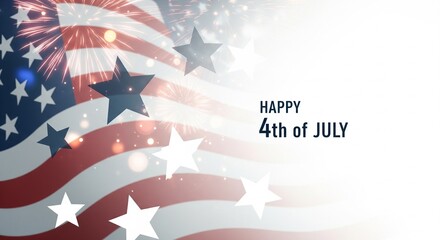 Fototapeta premium Abstract American flag with fireworks and stars overlay, celebrating Independence Day with patriotic colors and festive bokeh lights, perfect for holiday greetings and national events.