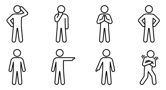 Stick figure emotions and body language line art vector icon set. Human gestures, mental states, poses, and minimalist pictogram collection.