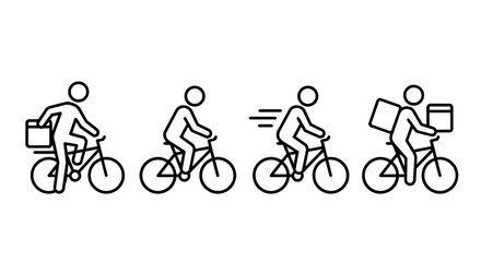Naklejka premium Bicycle courier delivery process stick figure line art vector icon set. Bike shipping sequence, eco friendly courier, and package handout concept.