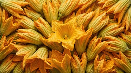 Obraz premium A vibrant close-up view of a large pile of freshly harvested bright orange zucchini blossoms with green striped stems