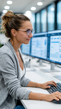 Data Analysis in Action: A focused woman with glasses and her hair in a bun, wearing a cardigan, works diligently at a computer, surrounded by multiple monitors displaying complex data and charts.