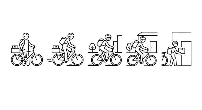 Bicycle courier delivery process stick figure line art vector icon set. Bike shipping sequence, eco friendly courier, and package handout concept.