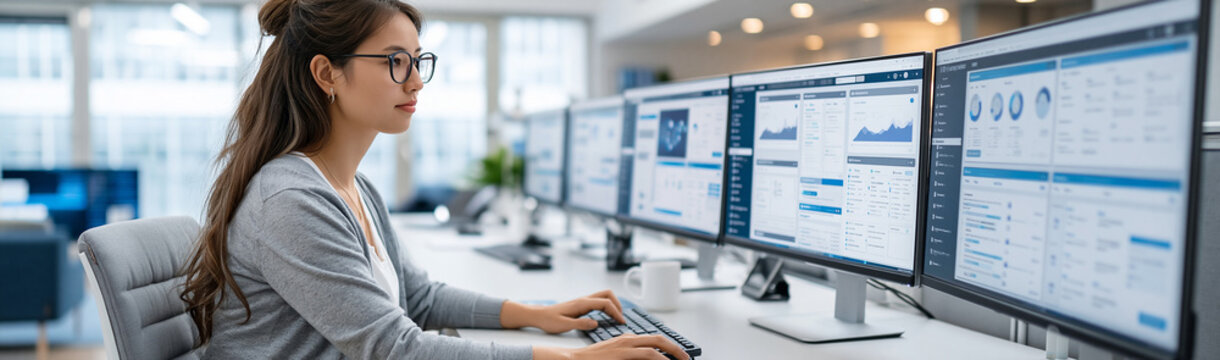 Dedicated Analyst at Work: A focused female analyst with glasses meticulously works on multiple computer monitors displaying charts and data in a modern office setting.
