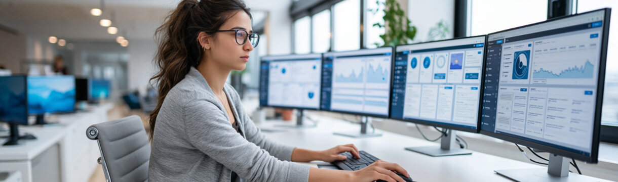 Analyst at Work: A focused female analyst, wearing glasses and a cardigan, diligently works on multiple computer screens displaying charts and data, in a modern office setting.