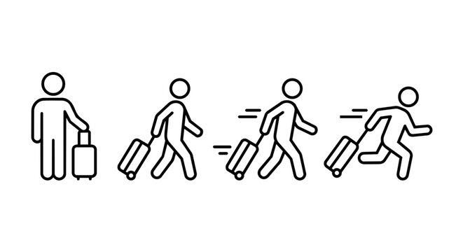 Stick figure traveling with suitcase line art vector icon set. People walking and running with luggage, late for flight, and vacation travel concept.