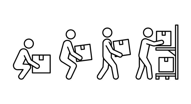 Warehouse ergonomics safe lifting box and storage rack stick figure line art vector icon set. Courier material handling process, correct posture, and logistics concept.