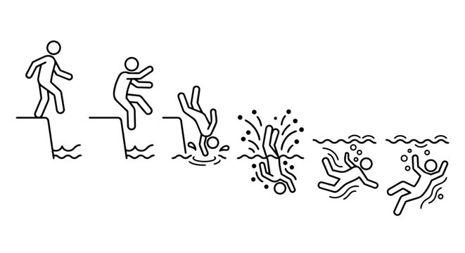 Stick figure jumping into water and drowning line art vector icon set. Cliff diving sequence, water splash, sinking underwater, and accident safety concept.