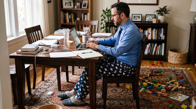 A man in a professional blue shirt and tie works on his laptop at home while wearing sheep pajama pants and slippers. The mood is relatable, humorous, and split.