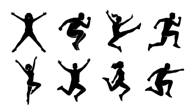 Creative Jumping Men and Women Silhouette Vector Set in Active Poses