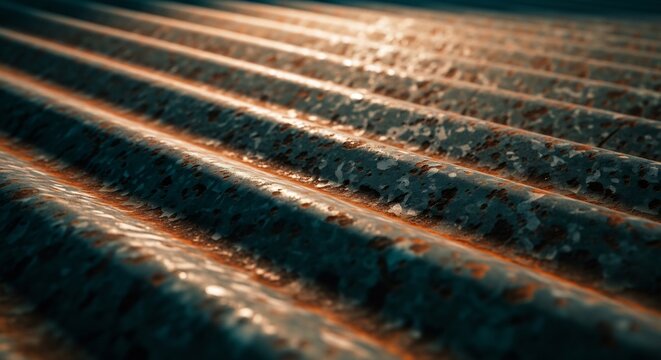 Close-up of Corrugated Metal Surface with Warm Light Reflections.