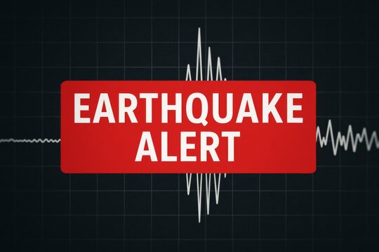 "EARTHQUAKE ALERT" in bold red on a seismic graph, indicating urgency. Concept of emergency warning