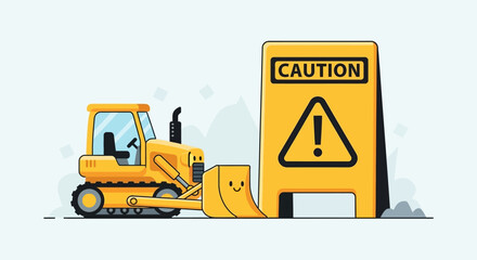Yellow bulldozer with smiley face near caution sign, construction concept © mak