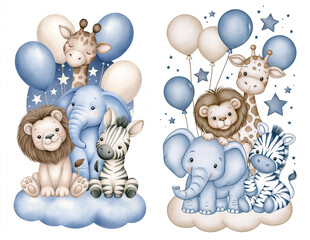 Fototapeta premium Cute baby lion baby elephant baby zebra baby giraffe pastel nursery blue balloon star background cloud cartoon animal wall art