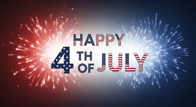 Happy 4th of July text with American flag elements and red and blue fireworks exploding on a dark gradient background, celebrating Independence Day.