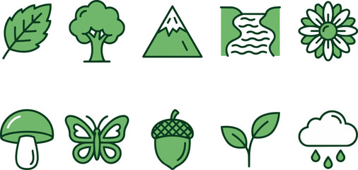 Nature icon set vector illustration with leaf tree mountain river flower mushroom butterfly acorn sprout and rain cloud © gino